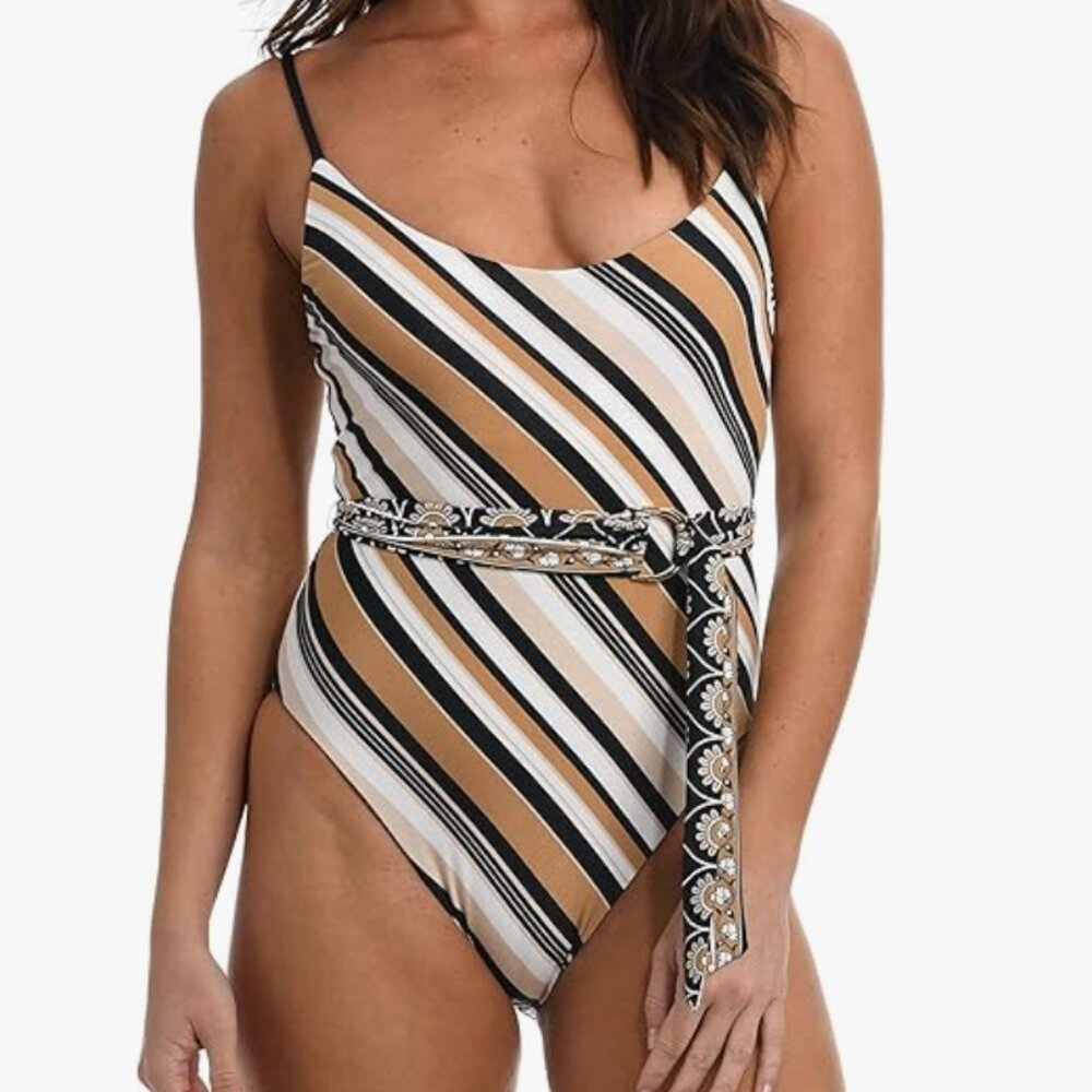 Striped Tan & Black One-Piece Swimsuit with Decorative Belt